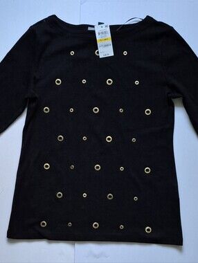 Karen Scott Black Long Sleeve Top with Gold Eyelet Accents